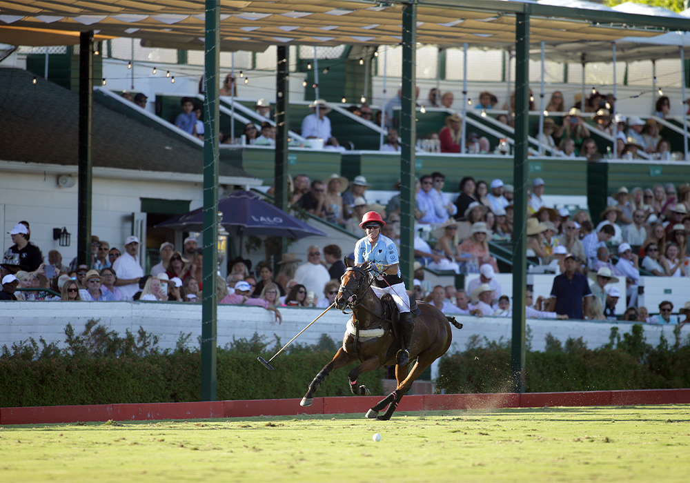 La Karina team owner Brian Boyd with a beautiful shot towards goal in front of a packed U.S. Polo Assn. stadium.