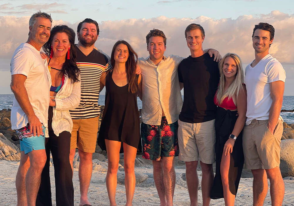 Vinny on a family vacation in Cabo San Lucas, Mexico  (L to R): Kevin (Dad), Becky (Mom), Mike (Brother), Kinzie (Sister), Vinny, Conner (Brother), Caleigh (Sister-in-Law), KC (Brother).