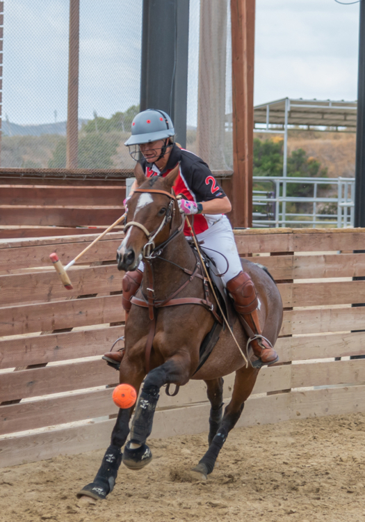 OC Polo's Shelley Geiler takes the ball along the boards on a breakaway.