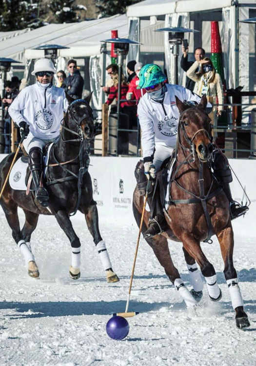 Sangaline competing in a 2020 Snow Polo tournament in Aspen, Colorado.